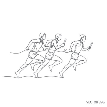 Continuous line drawing of a relay race with three runners passing a baton