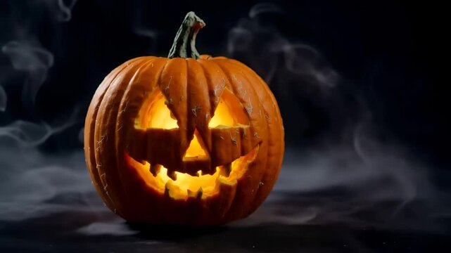 Spooky carved halloween pumpkin glowing with light and wisps of smoke on dark background.