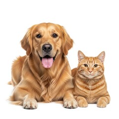 Obraz premium Golden Retriever and Tabby Cat Sitting Together