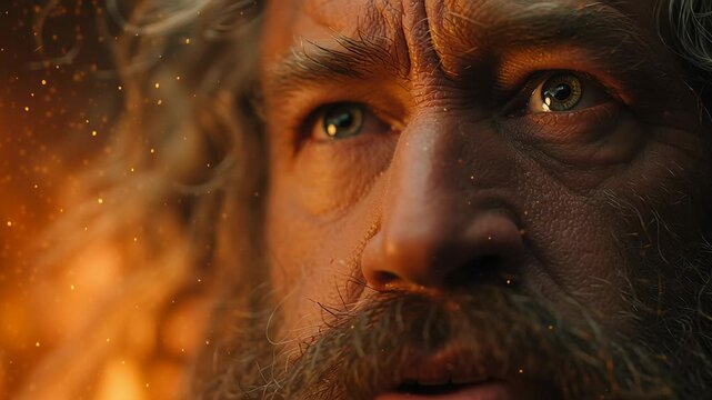 Dramatic biblical scene of moses and burning bush concept. Close up portrait of an elderly man with expressive eyes and detailed skin texture in warm lighting