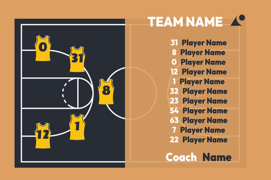 Basketball starting lineup infographic template with team roster, player jerseys on court and coach name, vector illustration