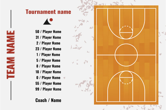 Basketball team roster lineup template with court top view, player list infographic for sports tournament, vector illustration