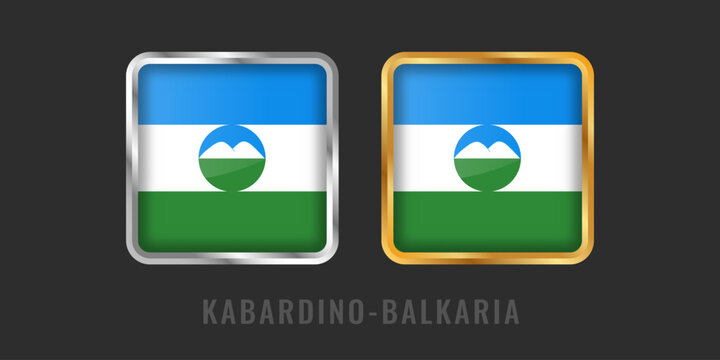 High-quality square gold and silver labels with the flag of Kabardino-Balkaria. Premium regional icons for manufacturing origin and cultural identity.
