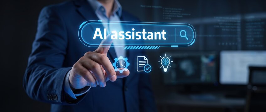 Interactive ai assistant demonstration in a modern office environment with futuristic technology concepts and virtual interface display