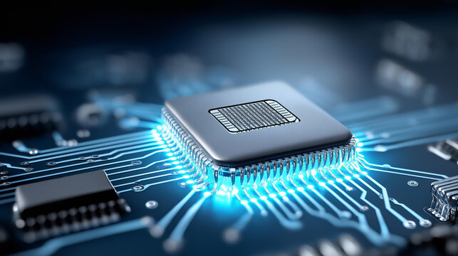 Advanced microchip processor glowing with blue light and intricate circuit patterns on a dark surface, semiconductor technology and computing power concept, with copy space