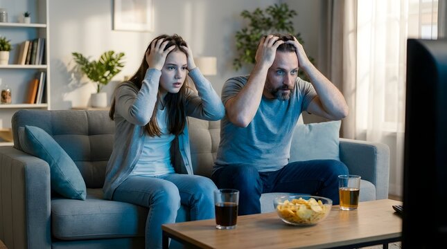 Stressed father and daughter watching sports match on TV