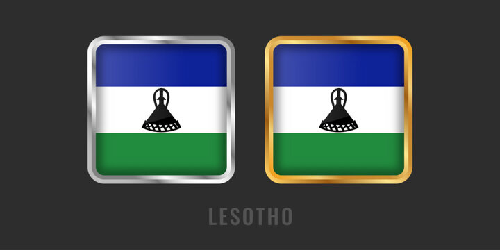 Square metallic gold and silver labels with the flag of Lesotho. High-quality icons for Basotho products, manufacturing origin, and national certification.