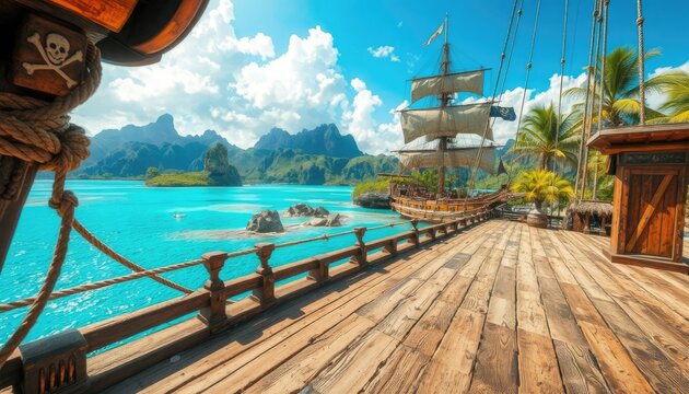 Venture to paradise aboard a majestic ship, a perfect backdrop for adventure, exploration, or tropical-themed celebrations and presentations.
