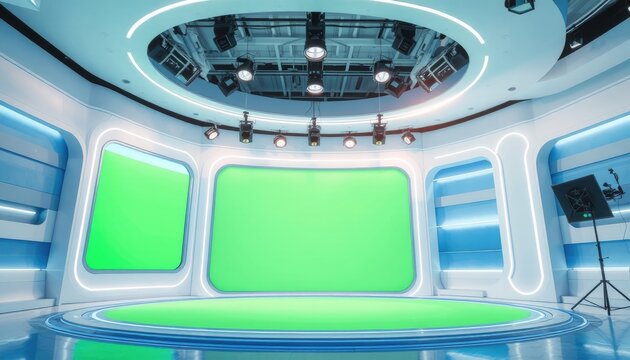 Futuristic media production set with green screens ready for virtual backgrounds for broadcasts and events