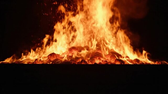 Spectacular view of a blazing fire pit with fiery flames and glowing embers against a dark background