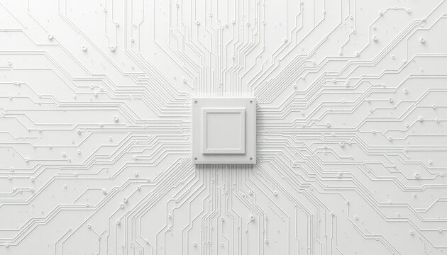 Clean white circuit board pattern with central processor element, perfect for presentations on technology, innovation, and future advancements.