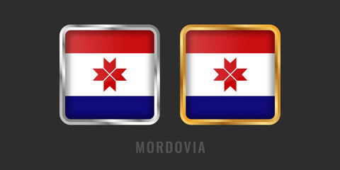 Obraz premium Professional square gold and silver labels featuring the flag of Mordovia. High-quality emblems for local products, 