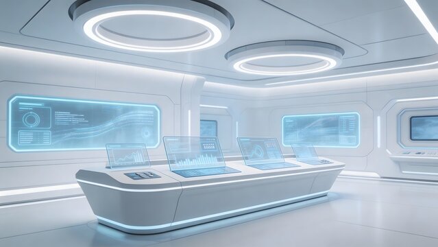 Futuristic control room with digital displays