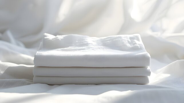 A neatly folded stack of white ihram cloth basking in soft morning light