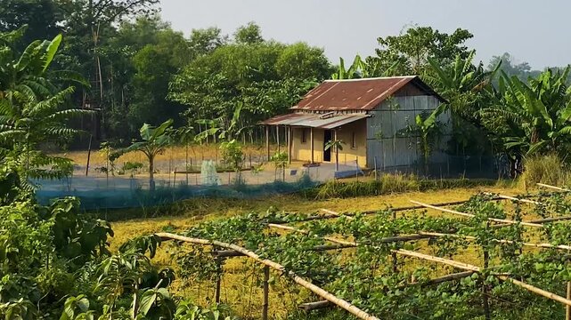 Tranquil village scene in Bangladesh with tiny hut, rural path, vegetable garden and calm river.