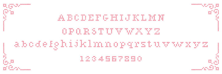 Embroidered cross-stitch alphabet letters and numbers. Hand drawn fancywork hatch font. Red capital and lowercase font. Retro or vintage vector typeface for folk and traditional design, decoration. © gorozhinak