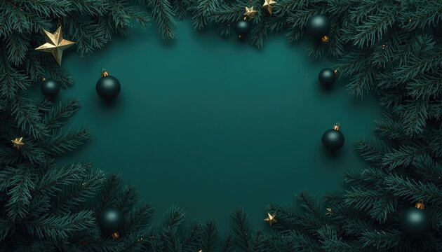Festive evergreen boughs frame a deep teal background with subtle gold accents, perfect for holiday greetings, winter promotions, and seasonal celebrations.