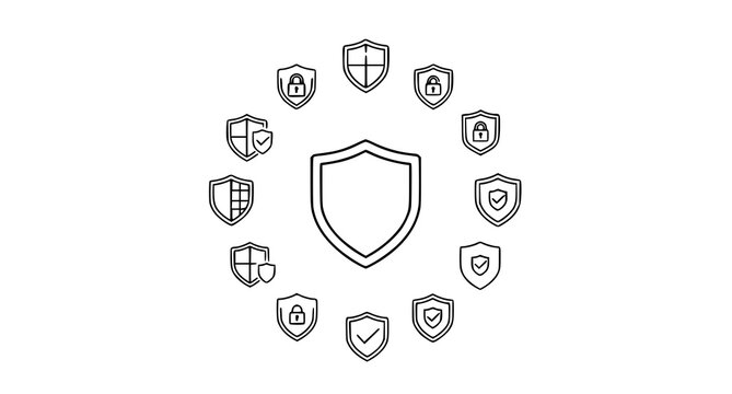 Security shields icon set protection safety and trust in a circular design