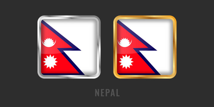 Professional square gold and silver labels featuring the flag of Nepal. High-quality metallic emblems for local products, manufacturing origin, and national identity certification.
