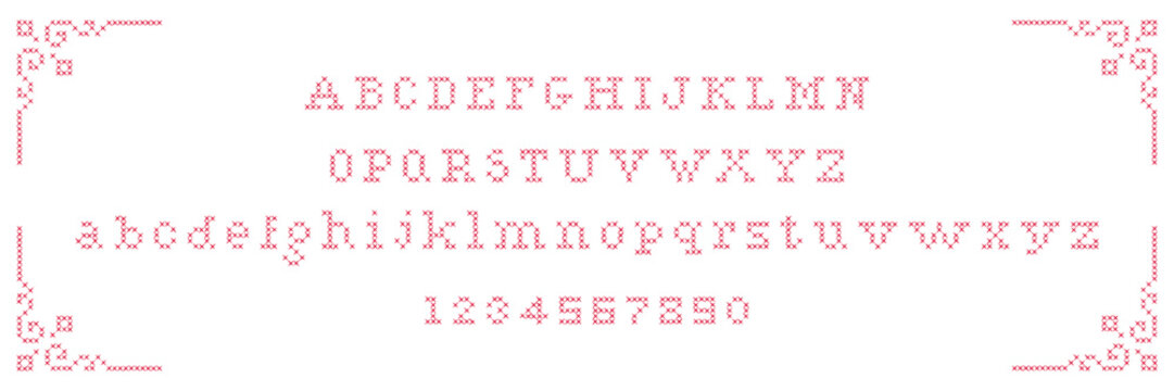 Embroidered cross-stitch alphabet letters and numbers. Hand drawn fancywork hatch font. Red capital and lowercase font. Retro or vintage vector typeface for folk and traditional design, decoration.