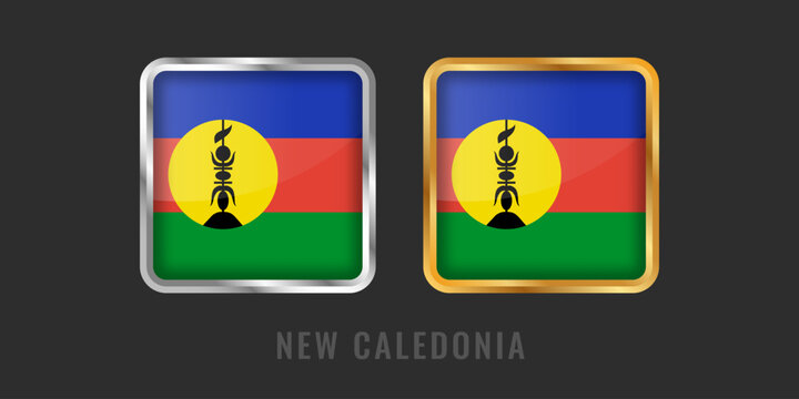 Professional square gold and silver labels with the New Caledonia flag. High-quality metallic emblems for local products, manufacturing origin, and regional identity certification.