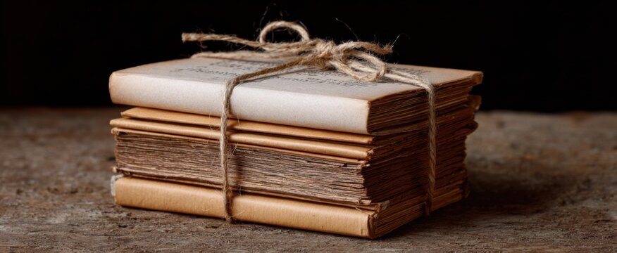 A rustic stack of journals bound with twine evokes a classic scholarly essence