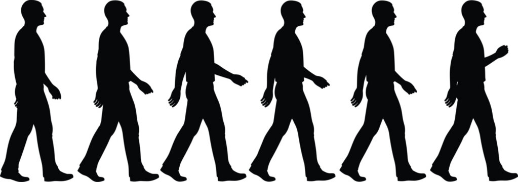 Walking man silhouette sequence in side view isolated on white background representing human motion, step progression and everyday movement activity concept
