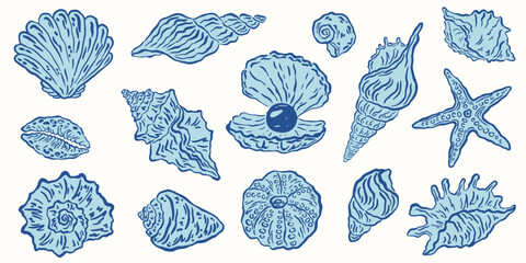Obraz premium Hand drawn blue seashells set. Coastal ocean travel minimalist line art. Tropical beach shells drawing ink. Vector Summer vacation design elements for trendy prints, label, menu cover, scrapbooks