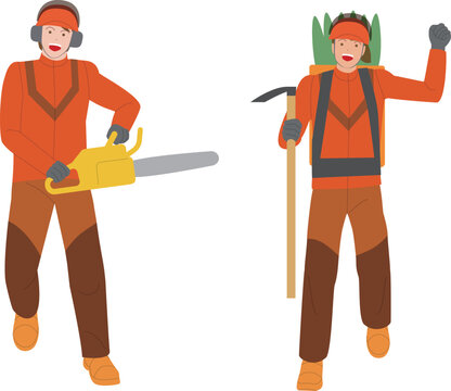 林業でチェーンソーを持つ男性と植栽をする女性。元気で働くイメージのイラスト