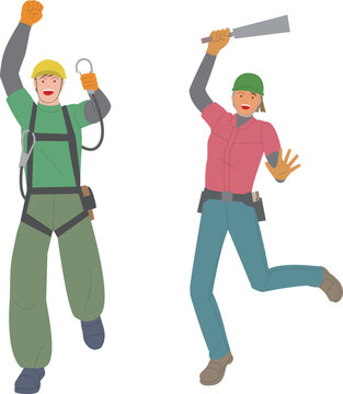 フルハーネスを付けている男性と大工の女性。元気で働くイメージのイラスト。