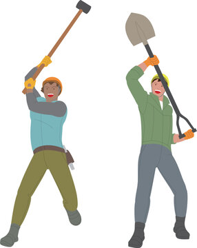 建設現場でハンマー、シャベルを持って働く男性。元気で働くイメージのイラスト。