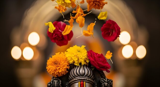 Flower petals falling on traditional Indian deity idol for worship