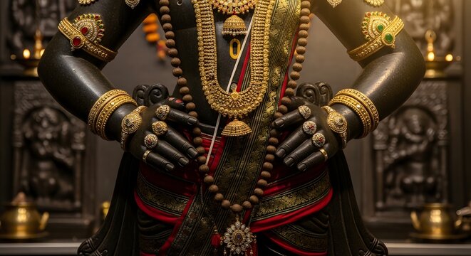 Lord Vitthal deity statue with hands on hips and traditional gold jewelry in a temple for Hindu worship