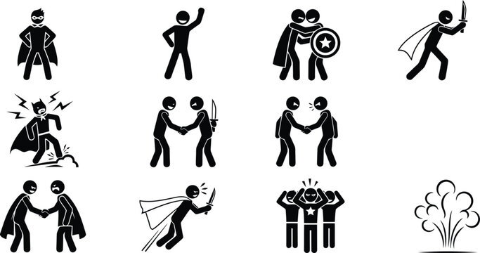 Superhero stick figure icons set showing various actions betrayal conflict attack combat and power dynamic scenes
