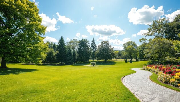 Sunny park pathway with vibrant flower beds, lush green lawn, and tall trees beneath a blue sky with clouds, perfect for outdoor events and serene backdrops.