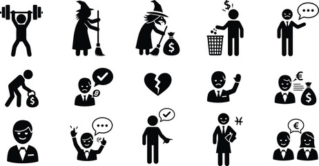 Obraz premium Icon set collection featuring various black silhouette illustrations of people and business concepts on white background
