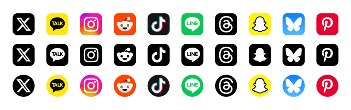 Social media network icons logo vector. Instagram, Reddit, Line, X , TikTok, BlueSky, Threads, Pinterest, Snapchat, KakaoTalk