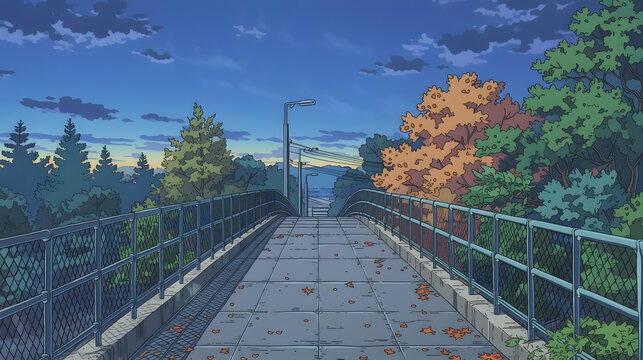 A Serene Landscape of an Autumn Evening Bridge Surrounded by Lush Trees and a Colorful Sky, Inviting Peaceful Reflection and Scenic Walks in Nature's Embrace.