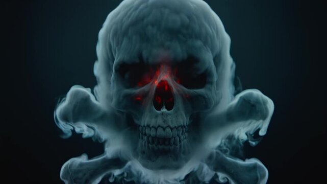 Swirling smoke forming a skull and crossbones with glowing red eyes on dark background. Toxic gas and danger symbol. Spooky Halloween animation concept. 