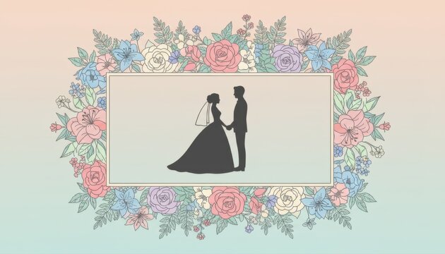 wedding bold border frame template illustration template featuring bride and groom silhouettes framed by flowers on simple pastel background with plenty of empty space