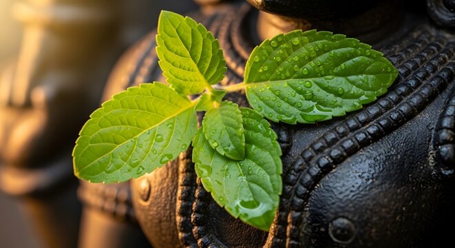 Fresh Green Holy Basil Leaves with Water Droplets on Traditional Statue