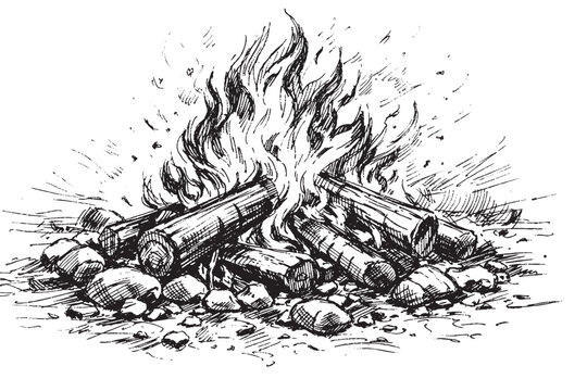 Rustic campfire sketch with logs and stones outdoor wilderness illustration