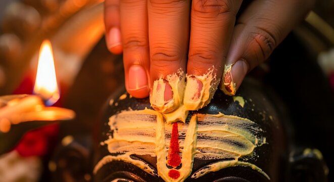 Devotee applying sandalwood paste on stone deity idol during prayer