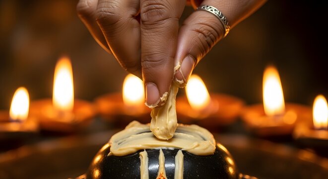 Devotee's hand applying chandan paste to a deity during a religious Hindu ritual, illuminated by traditional oil lamps.