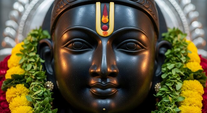 Close-up portrait of Lord Vitthal deity adorned with floral garlands