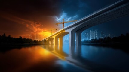 Fototapeta premium A visually striking bridge under construction divides contrasting day and night cityscapes over calm water.