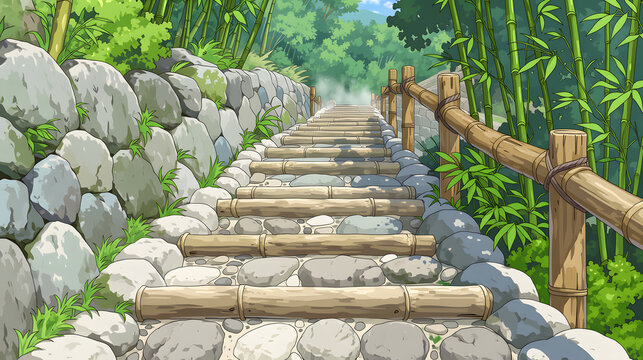 Discover an Idyllic Bamboo Pathway: A Serene Landscape Inviting You to Explore Nature's Tranquil Beauty in a Lush Green Environment