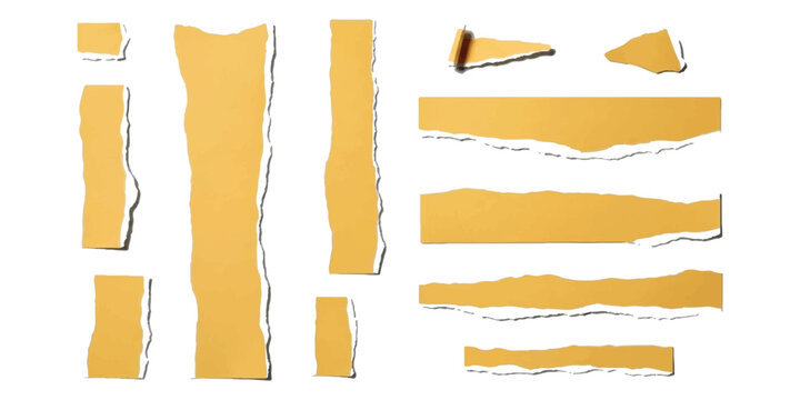 Set of torn yellow paper strips with rough ripped edges