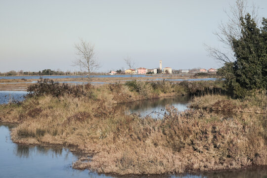 View of the small town of Lio Piccolo among the salt marshes in the Venetian lagoon