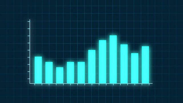 Neon blue bar graph on a dark grid background ideal for business presentations, financial reports, data analysis, infographics, and marketing materials.